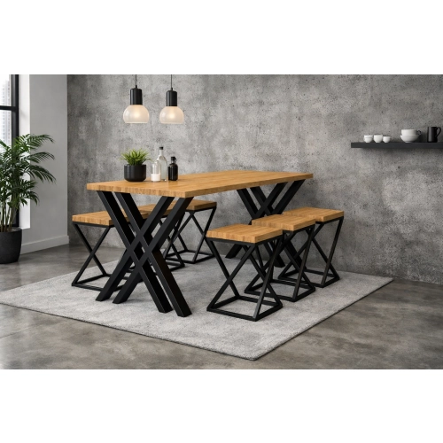 Zestaw Barowo -Jadalniany z Metalu i Drewna Litego Dębowego  Stół + 6 Taboretów Model  ZETS-3